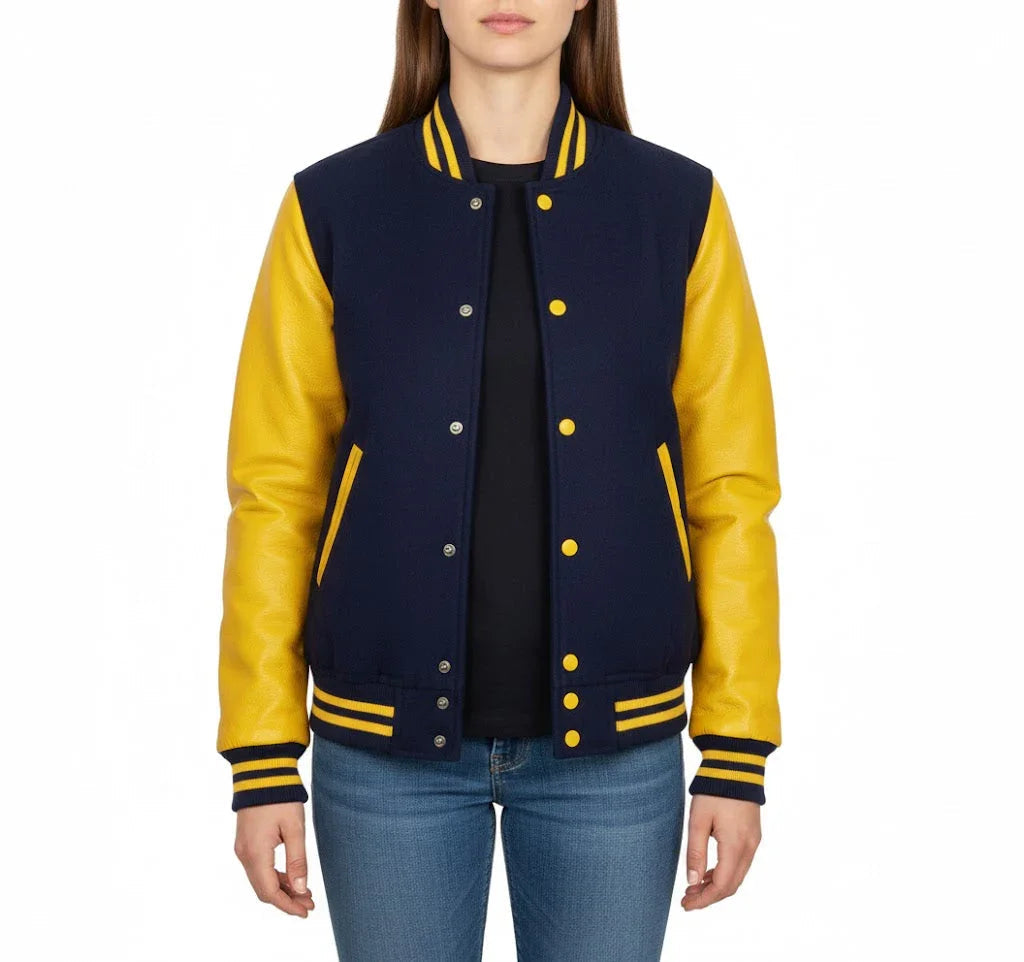 Women's Varsity Bomber Letterman Navy Wool & Yellow Real Leather Sleeves Jacket