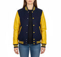 Women's Varsity Bomber Letterman Navy Wool & Yellow Real Leather Sleeves Jacket
