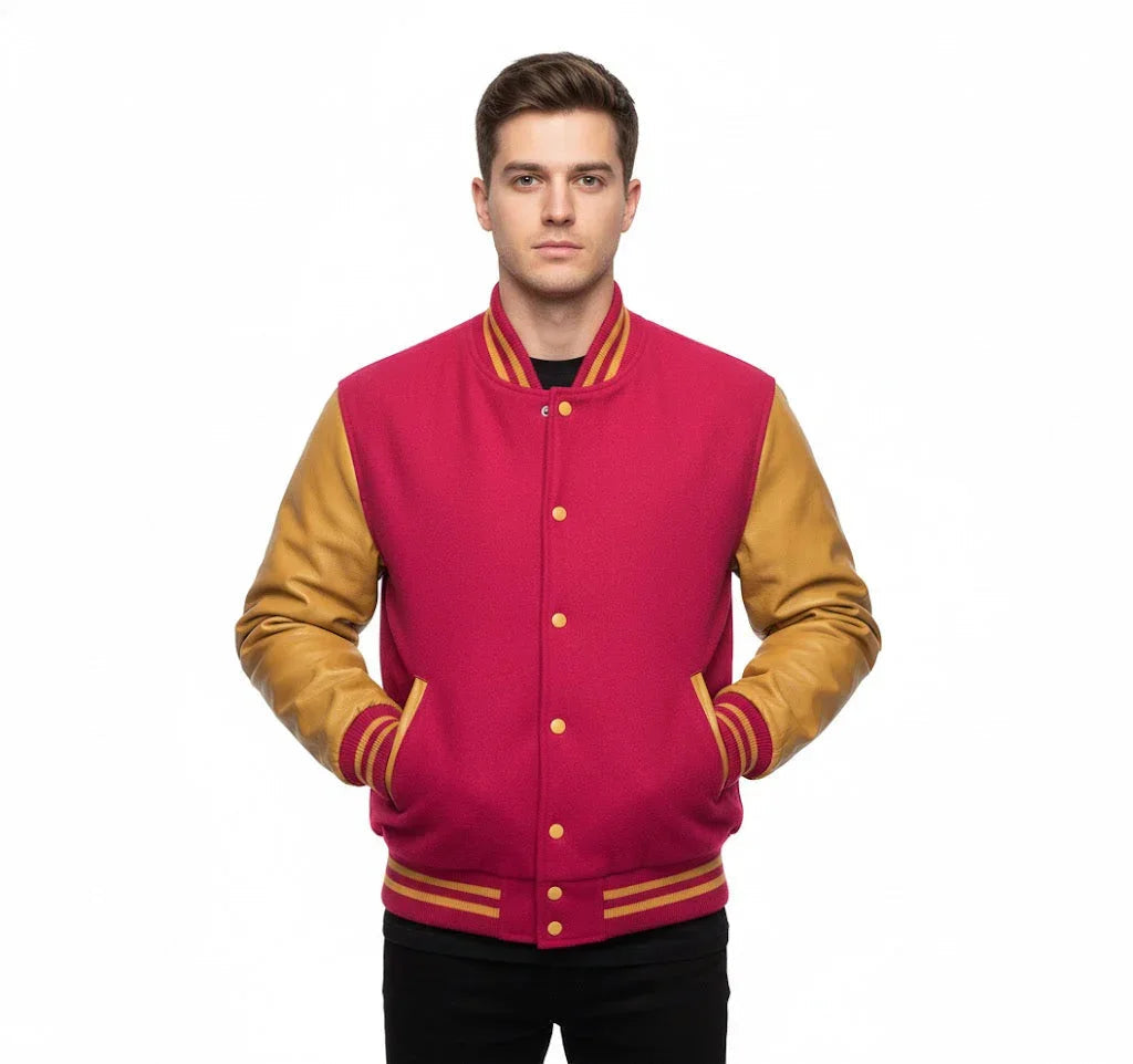 Varsity Bomber Letterman Hot Pink Wool & Gold Real Leather Sleeves Jacket