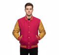 Varsity Bomber Letterman Hot Pink Wool & Gold Real Leather Sleeves Jacket