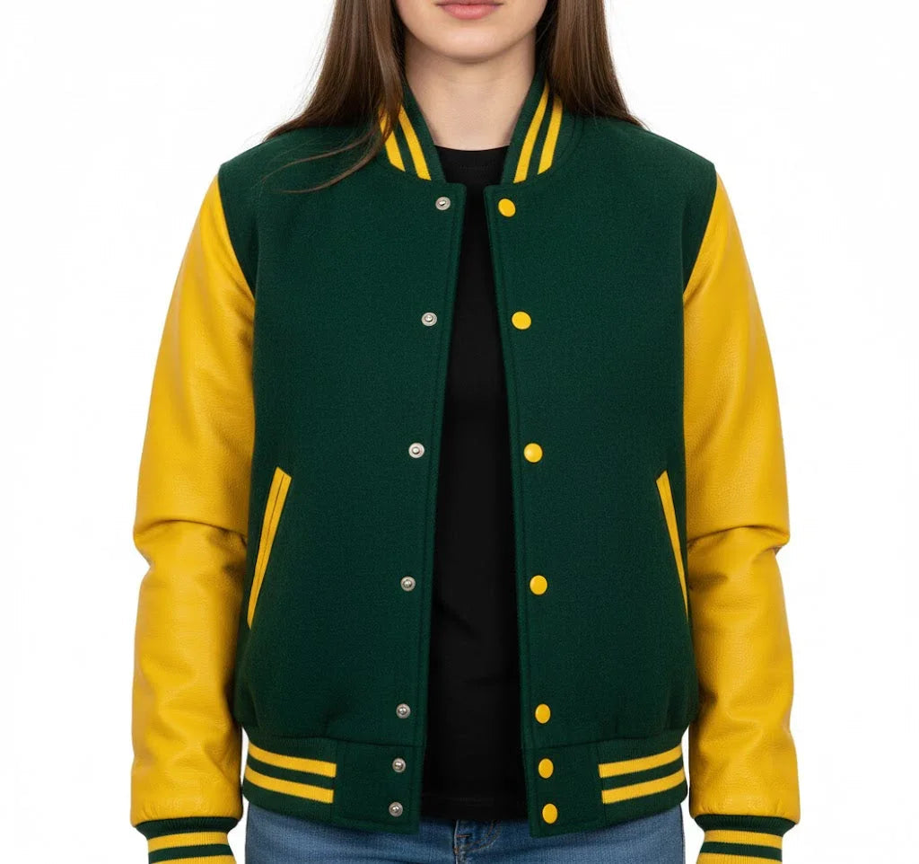 Women's Varsity Bomber Letterman Forest Green Wool & Yellow Real Leather Sleeves Jacket