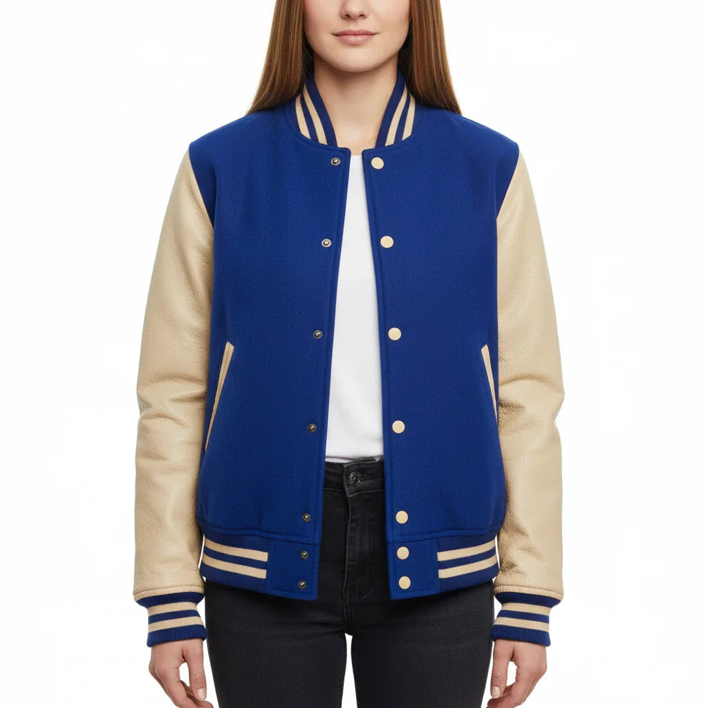 Women's Varsity Bomber Letterman Royal Wool & Cream Real Leather Sleeves Jacket