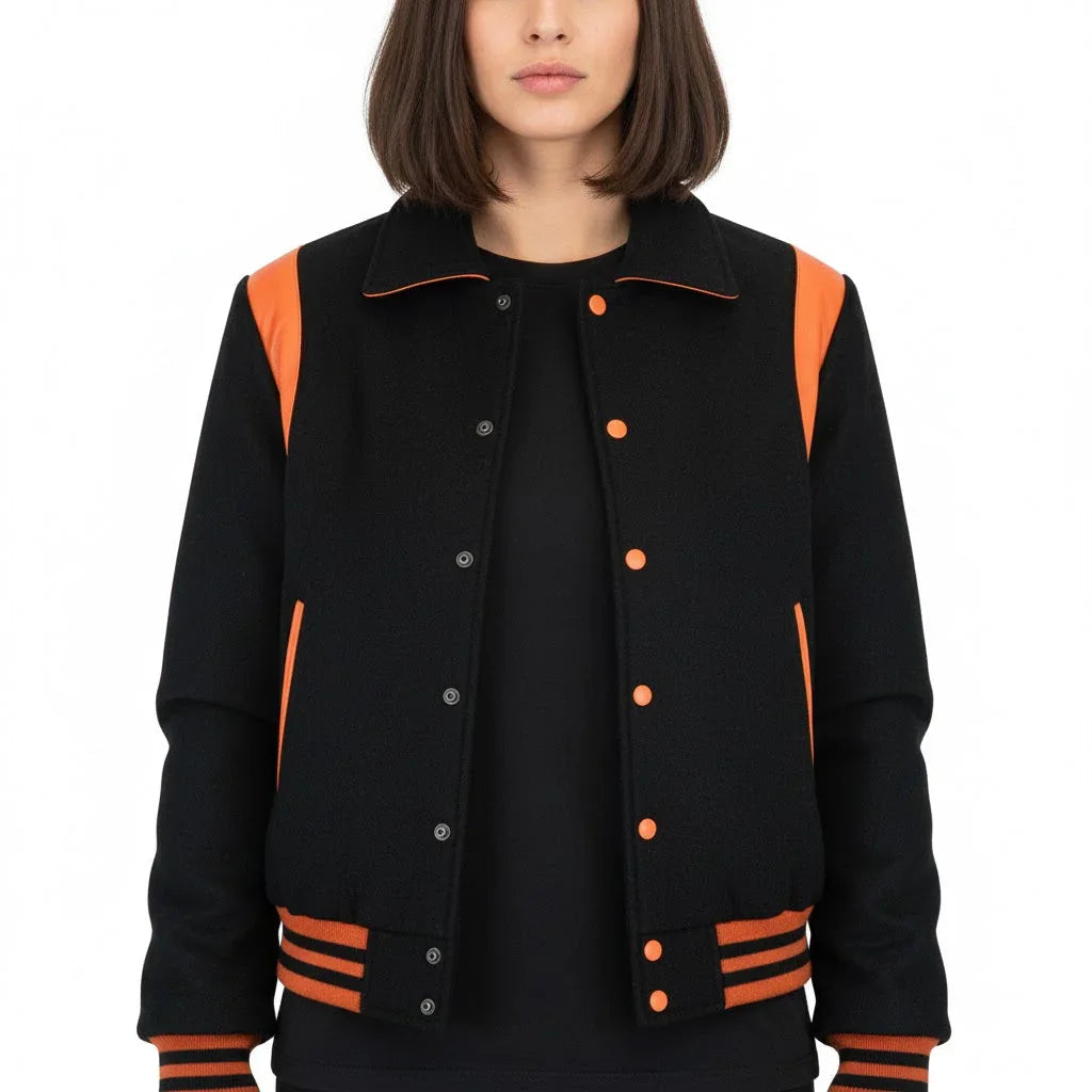 All Wool Women's Varsity Bomber Letterman Black Single Orange Leather Stripe Jacket