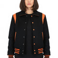 All Wool Women's Varsity Bomber Letterman Black Single Orange Leather Stripe Jacket