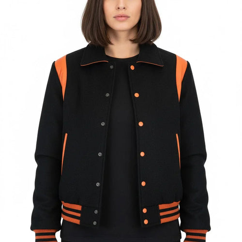All Wool Women's Varsity Bomber Letterman Black Single Orange Leather Stripe Jacket