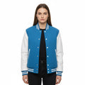 Women's Varsity Letterman Sky Wool & White Real Leather Sleeves Bomber Jacket