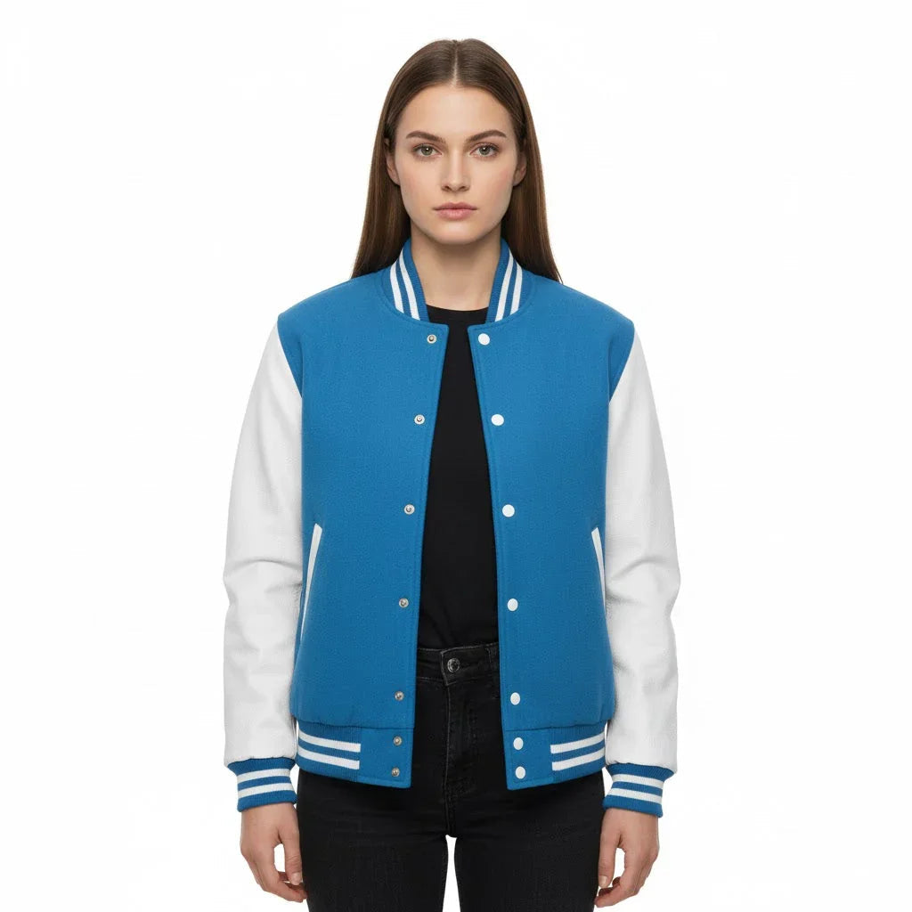Women's Varsity Letterman Sky Wool & White Real Leather Sleeves Bomber Jacket