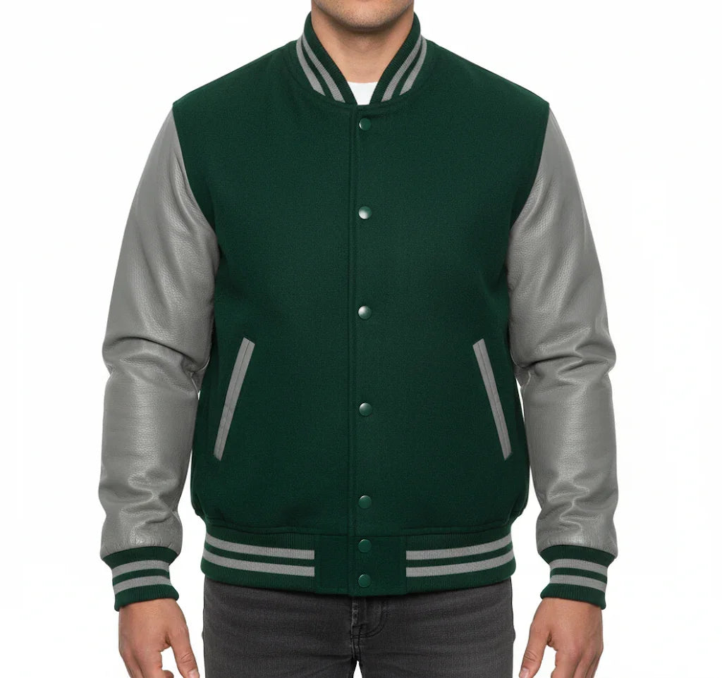 Varsity Bomber Letterman Forest Green Wool & Gray Real Leather Sleeves Jacket