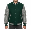 Varsity Bomber Letterman Forest Green Wool & Gray Real Leather Sleeves Jacket