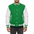 Varsity Bomber Letterman Kelly Green Wool & White Real Leather Sleeves Jacket