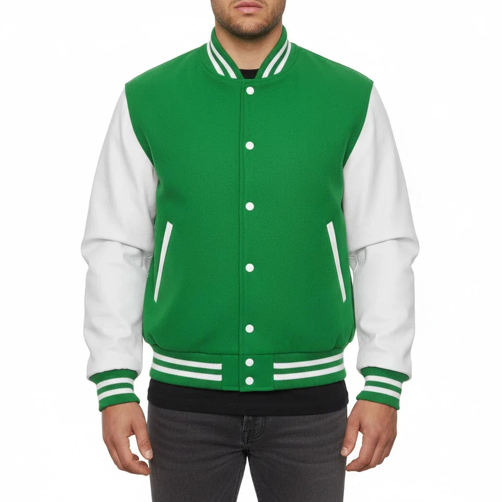 Varsity Bomber Letterman Kelly Green Wool & White Real Leather Sleeves Jacket