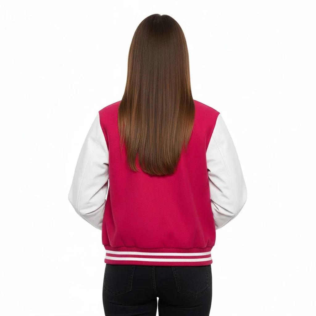Women's Varsity Letterman Hot Pink Wool & White Real Leather Sleeves Bomber Jacket