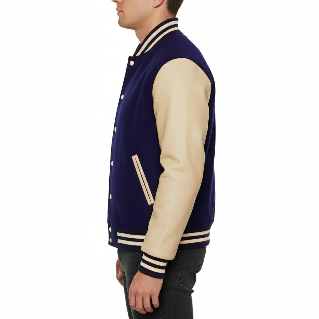 Varsity Bomber Letterman Navy Wool & Cream Real Leather Sleeves Jacket
