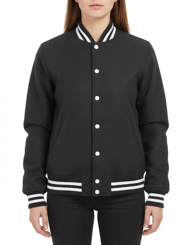 All Wool Women's Varsity Bomber Letterman Dark Grey Jacket