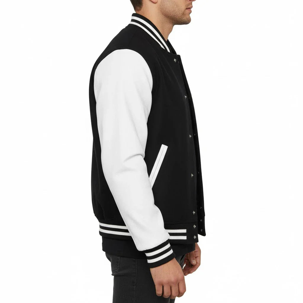 Varsity Letterman Black Wool & White Real Leather Sleeves Bomber Jacket