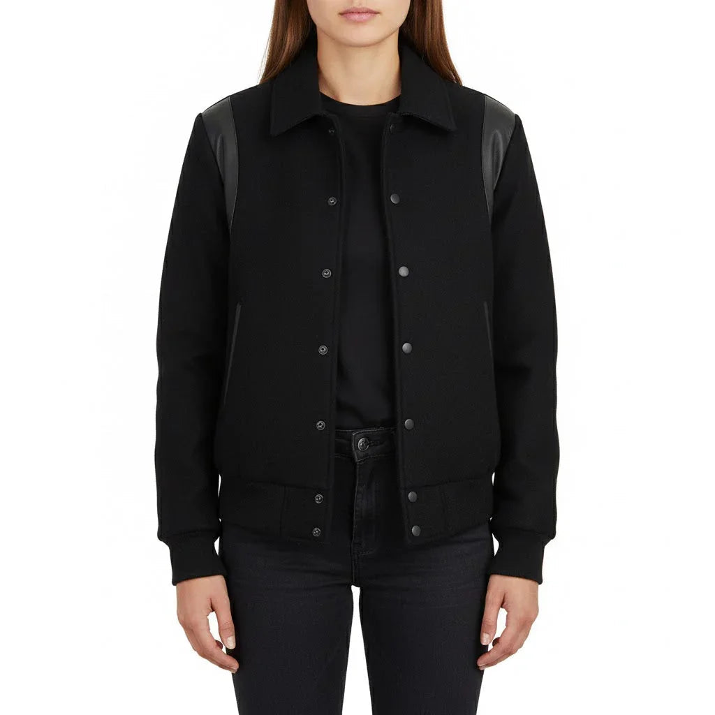 All Wool Women's Varsity Bomber Letterman Black Single Leather Stripe Jacket