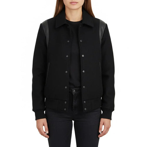 All Wool Women's Varsity Bomber Letterman Black Single Leather Stripe Jacket