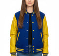 Women's Varsity Bomber Letterman Royal Blue Wool & Yellow Real Leather Sleeves Jacket