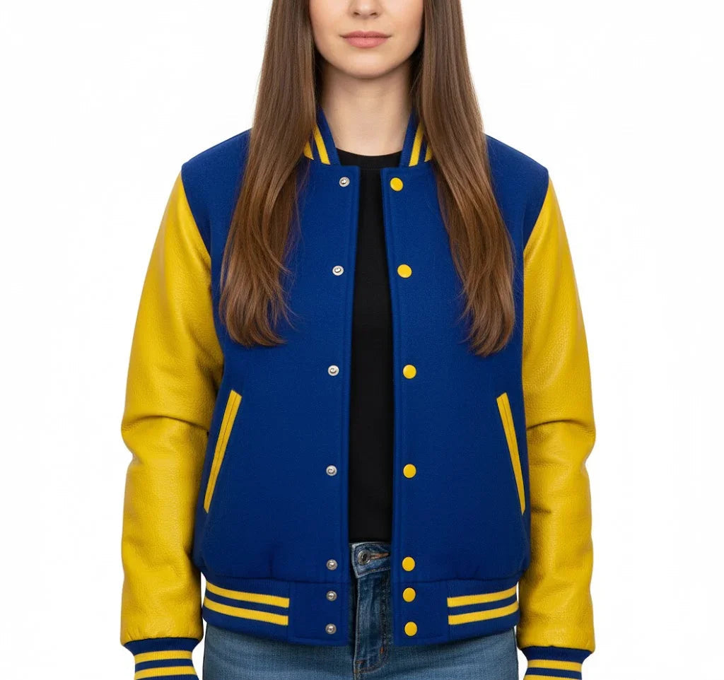 Women's Varsity Bomber Letterman Royal Blue Wool & Yellow Real Leather Sleeves Jacket