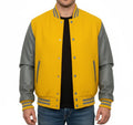 Varsity Bomber Letterman Yellow Wool & Gray Real Leather Sleeves Jacket