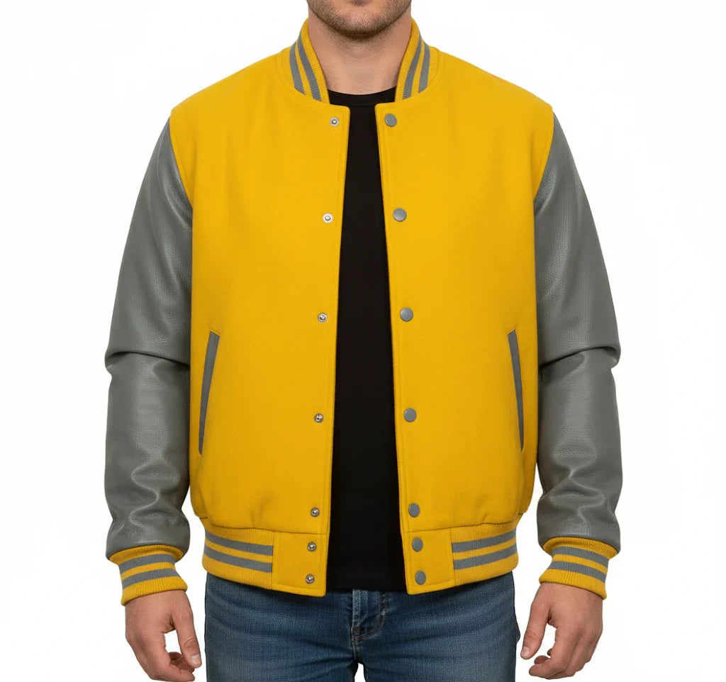 Varsity Bomber Letterman Yellow Wool & Gray Real Leather Sleeves Jacket