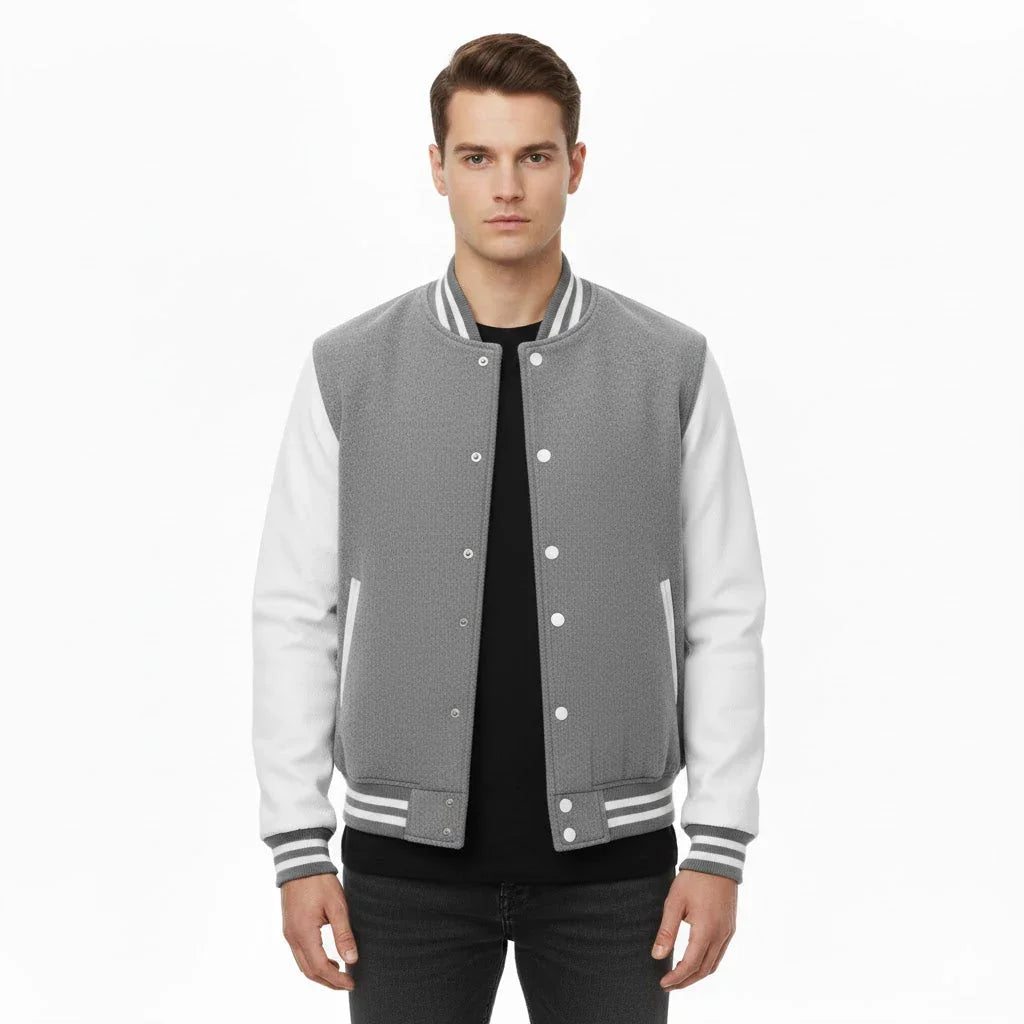 Varsity Bomber Letterman Gray Wool & White Real Leather Sleeves Jacket