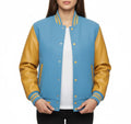 Women's Varsity Bomber Letterman Sky Wool & Gold Real Leather Sleeves Jacket