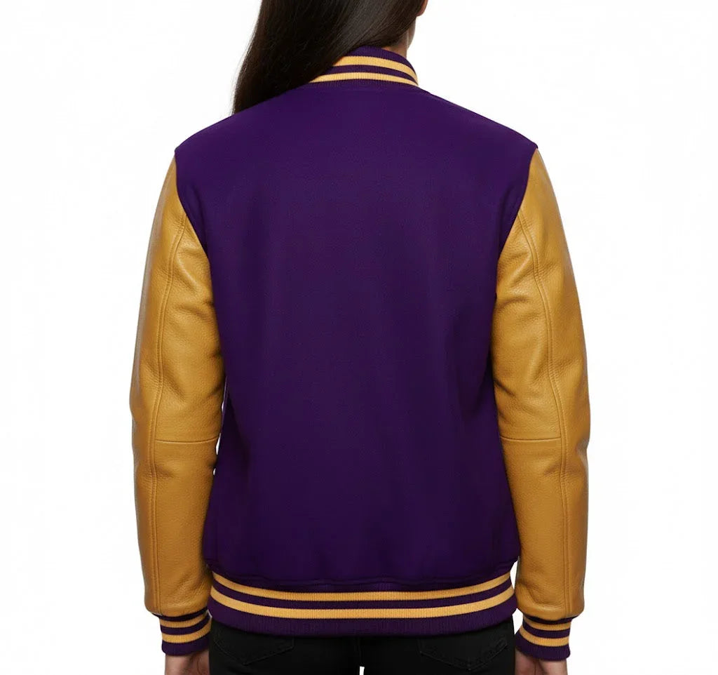 Women's Varsity Bomber Letterman Purple Wool & Gold Real Leather Sleeves Jacket