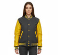 Women's Varsity Bomber Letterman Gray Wool & Yellow Real Leather Sleeves Jacket