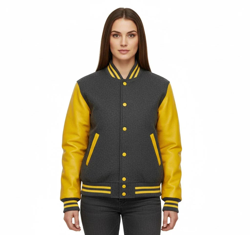 Women's Varsity Bomber Letterman Gray Wool & Yellow Real Leather Sleeves Jacket