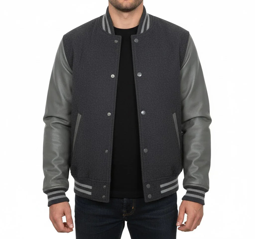 Varsity Bomber Letterman Dark Grey Wool & Gray Real Leather Sleeves Jacket