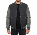 Varsity Bomber Letterman Dark Grey Wool & Gray Real Leather Sleeves Jacket