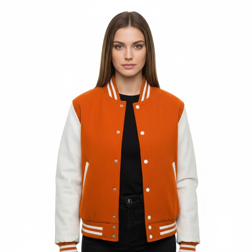 Women's Varsity Letterman Orange Wool & White Real Leather Sleeves Bomber Jacket
