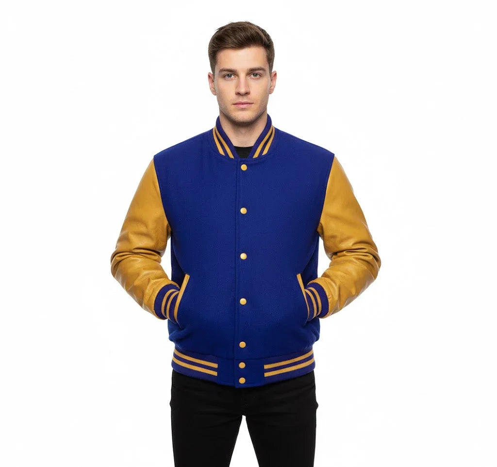 Varsity Bomber Letterman Royal Blue Wool & Gold Real Leather Sleeves Jacket