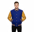 Varsity Bomber Letterman Royal Blue Wool & Gold Real Leather Sleeves Jacket