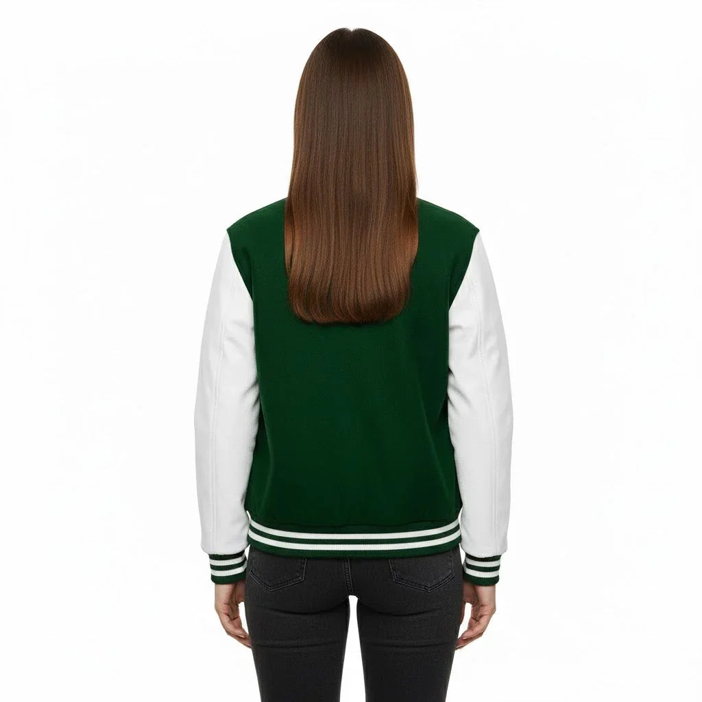 Women's Varsity Letterman Forest Green Wool & White Real Leather Sleeves Bomber Jacket