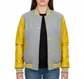 Women's Varsity Bomber Letterman Lt.Grey Wool & Yellow Real Leather Sleeves Jacket