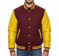 Varsity Bomber Letterman Maroon Wool & Yellow Real Leather Sleeves Jacket