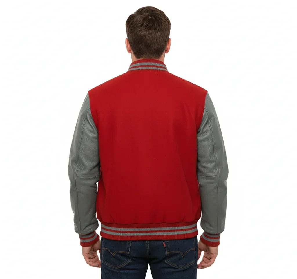 Varsity Bomber Letterman Red Wool & Gray Real Leather Sleeves Jacket