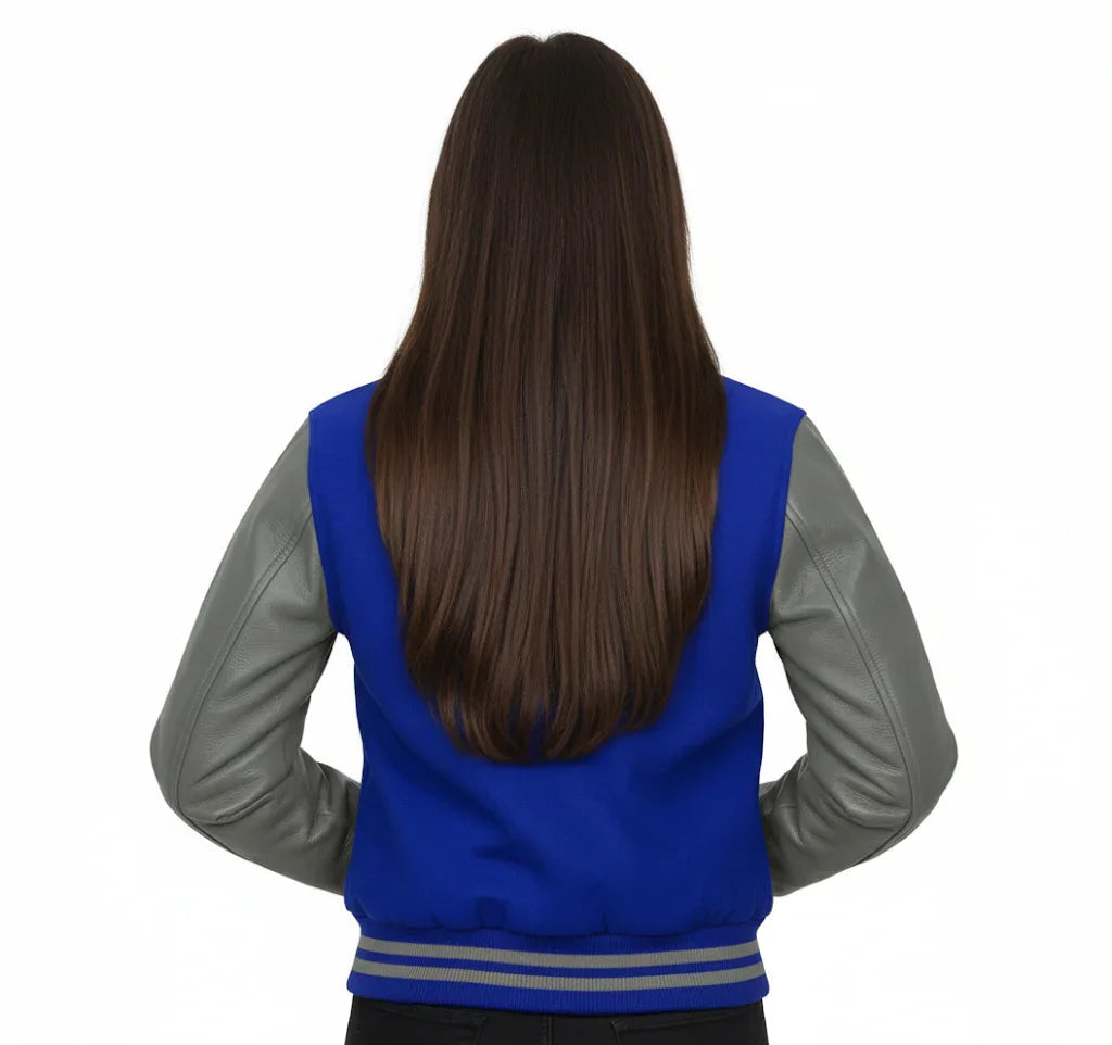Women's Varsity Bomber Letterman Royal Wool & Gray Real Leather Sleeves Jacket