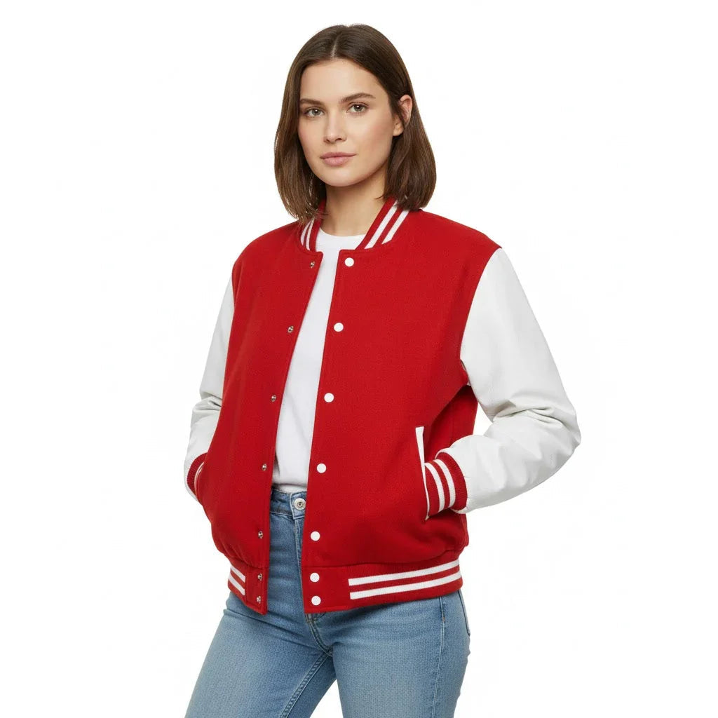 Women's Varsity Letterman Red Wool & White Real Leather Sleeves Bomber Jacket