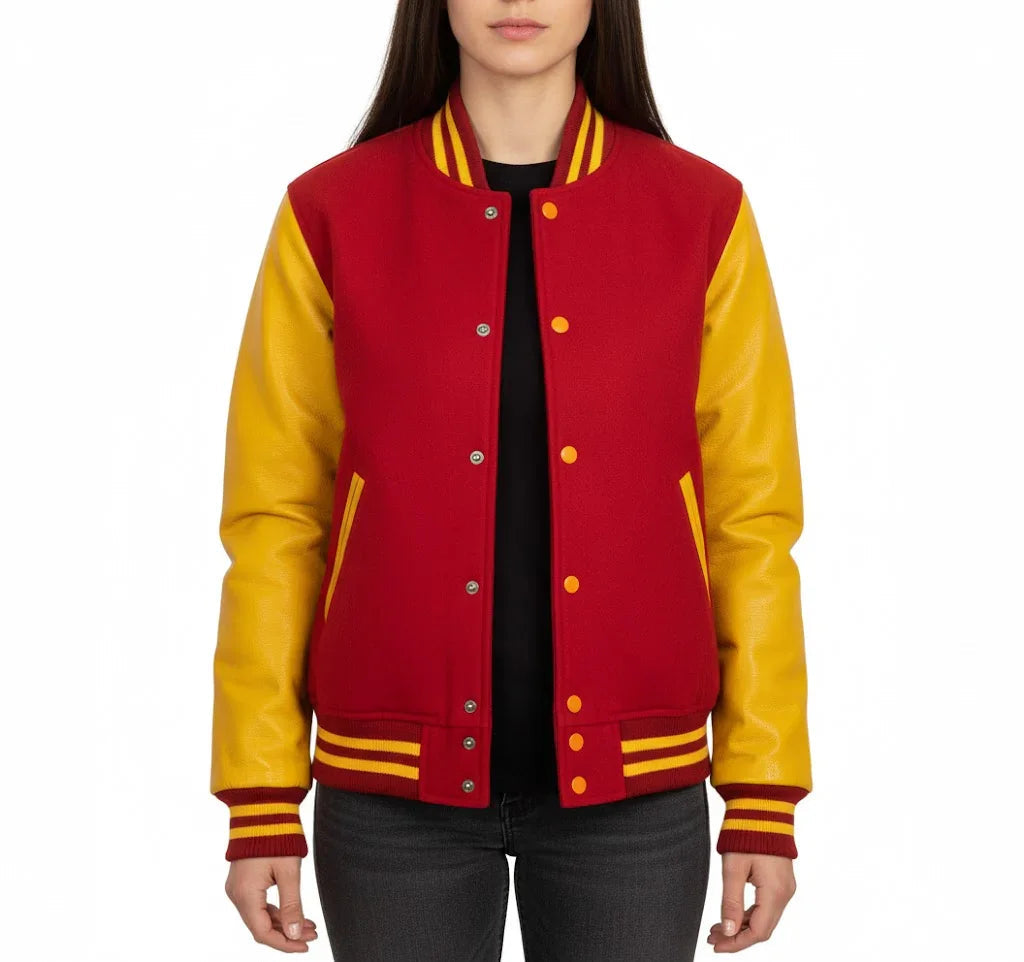 Women's Varsity Bomber Letterman Red Wool & Yellow Real Leather Sleeves Jacket