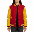 Women's Varsity Bomber Letterman Red Wool & Yellow Real Leather Sleeves Jacket
