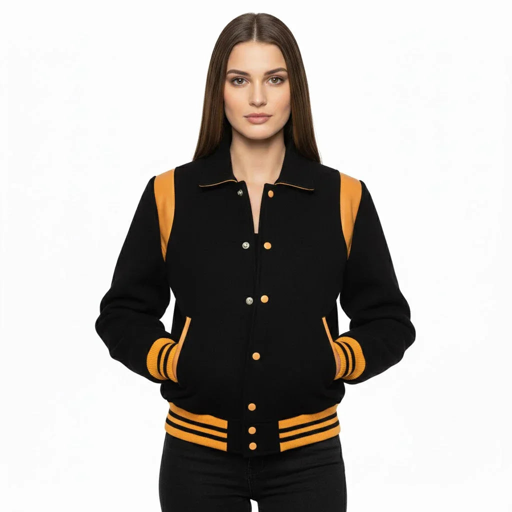 All Wool Women's Varsity Bomber Letterman Black Single Gold Leather Stripe Jacket