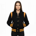 All Wool Women's Varsity Bomber Letterman Black Single Gold Leather Stripe Jacket