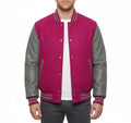 Varsity Bomber Letterman Hot Pink Wool & Gray Real Leather Sleeves Jacket