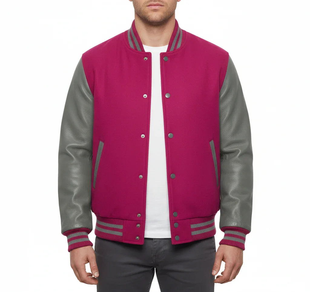 Varsity Bomber Letterman Hot Pink Wool & Gray Real Leather Sleeves Jacket