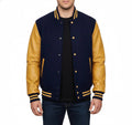 Varsity Bomber Letterman Navy Wool & Gold Real Leather Sleeves Jacket