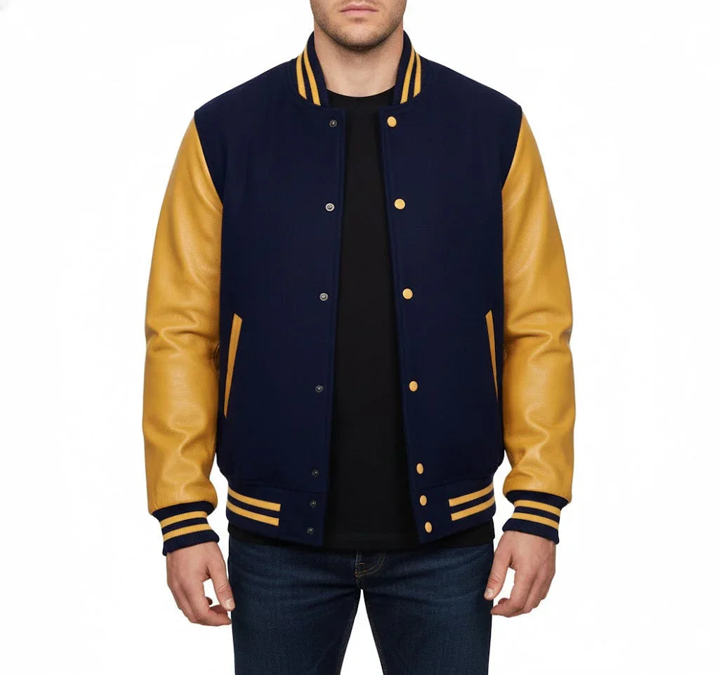 Varsity Bomber Letterman Navy Wool & Gold Real Leather Sleeves Jacket