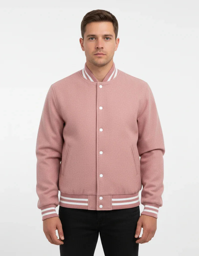 All Wool Varsity Bomber Letterman Pink Jacket